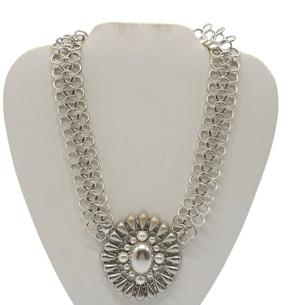 Silver Chain Statement Necklace Faux Pearl Like Teardrop Accents Erica Lyons
